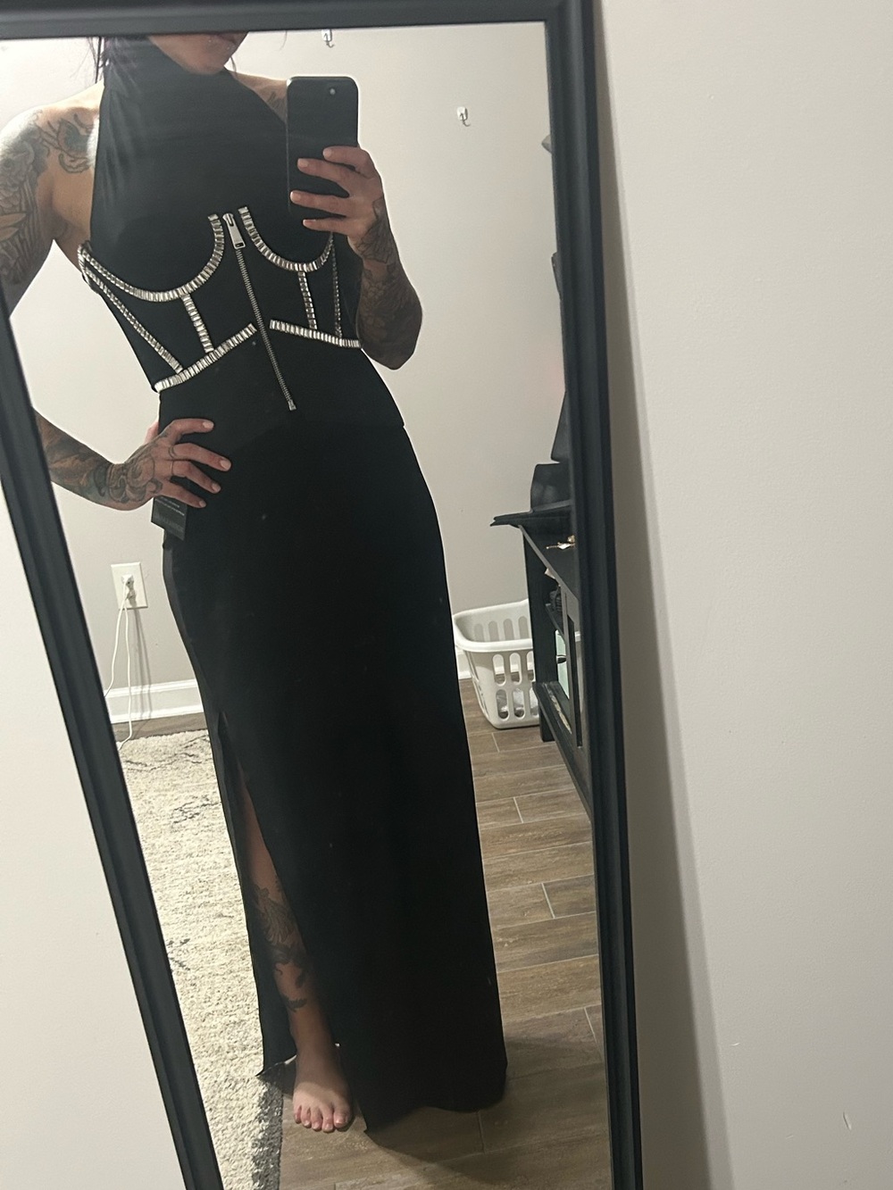 AREA Black Strapless Embellished Bustier with Silver Trim